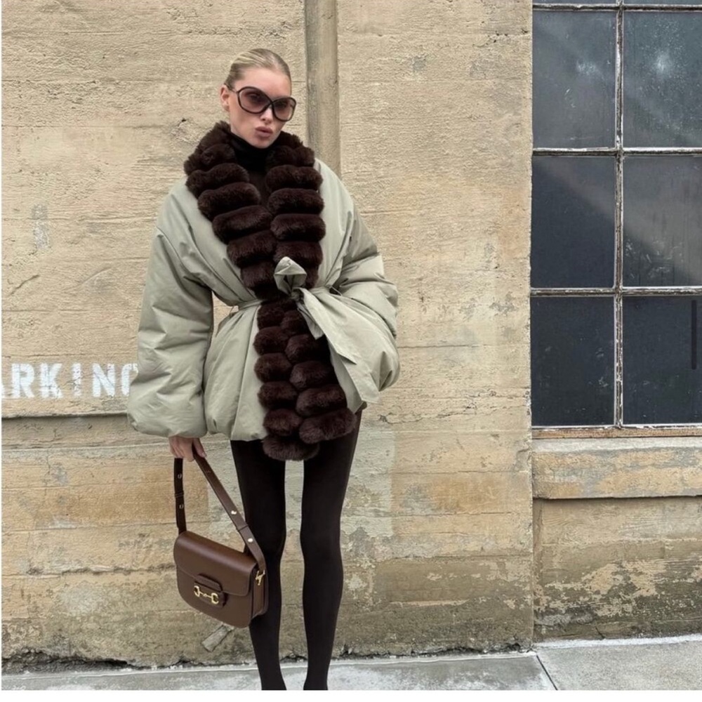 Sage Green Quilted Jacket with Brown Faux Fur Trim like helsa